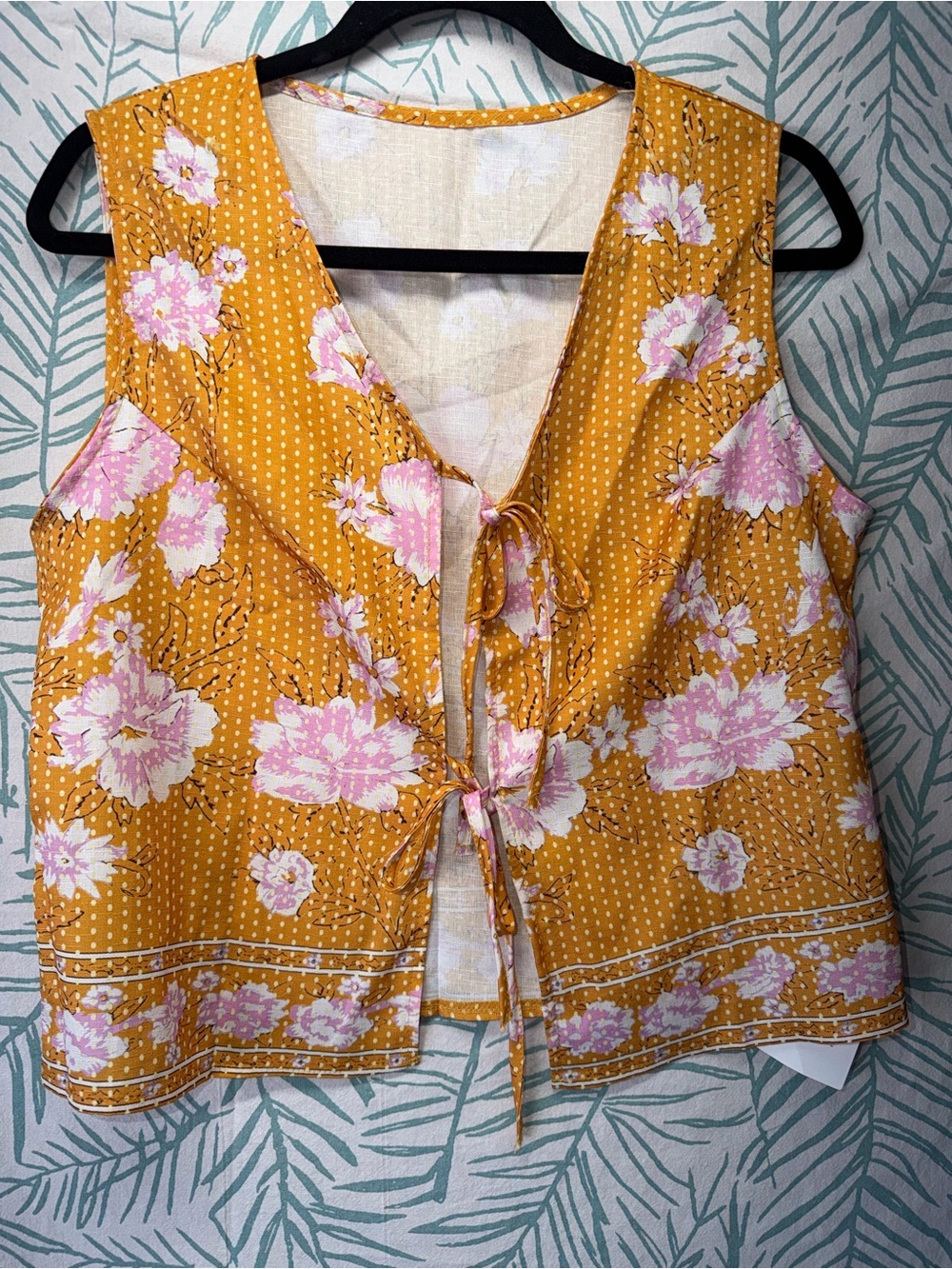 Mustard Floral Sleeveless Camisole with Pink Blooms